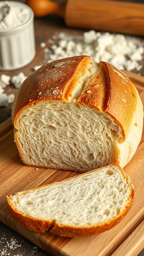 Quick Sourdough Bread Recipe with Instant Yeast A golden-brown sourdough bread loaf with a crispy crust and soft interior, displayed on a wooden board.